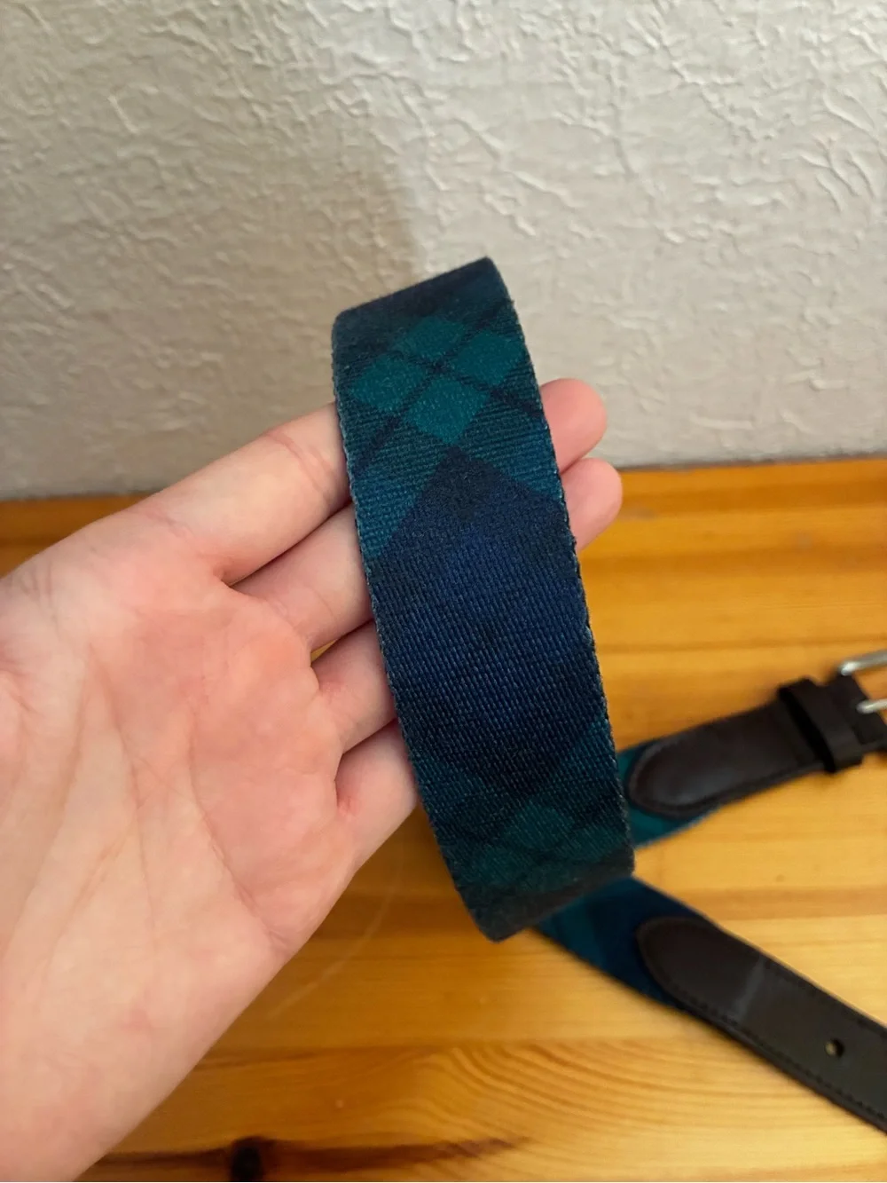 Vineyard Vines Navy & Green Plaid Canvas Belt with Brown Leather